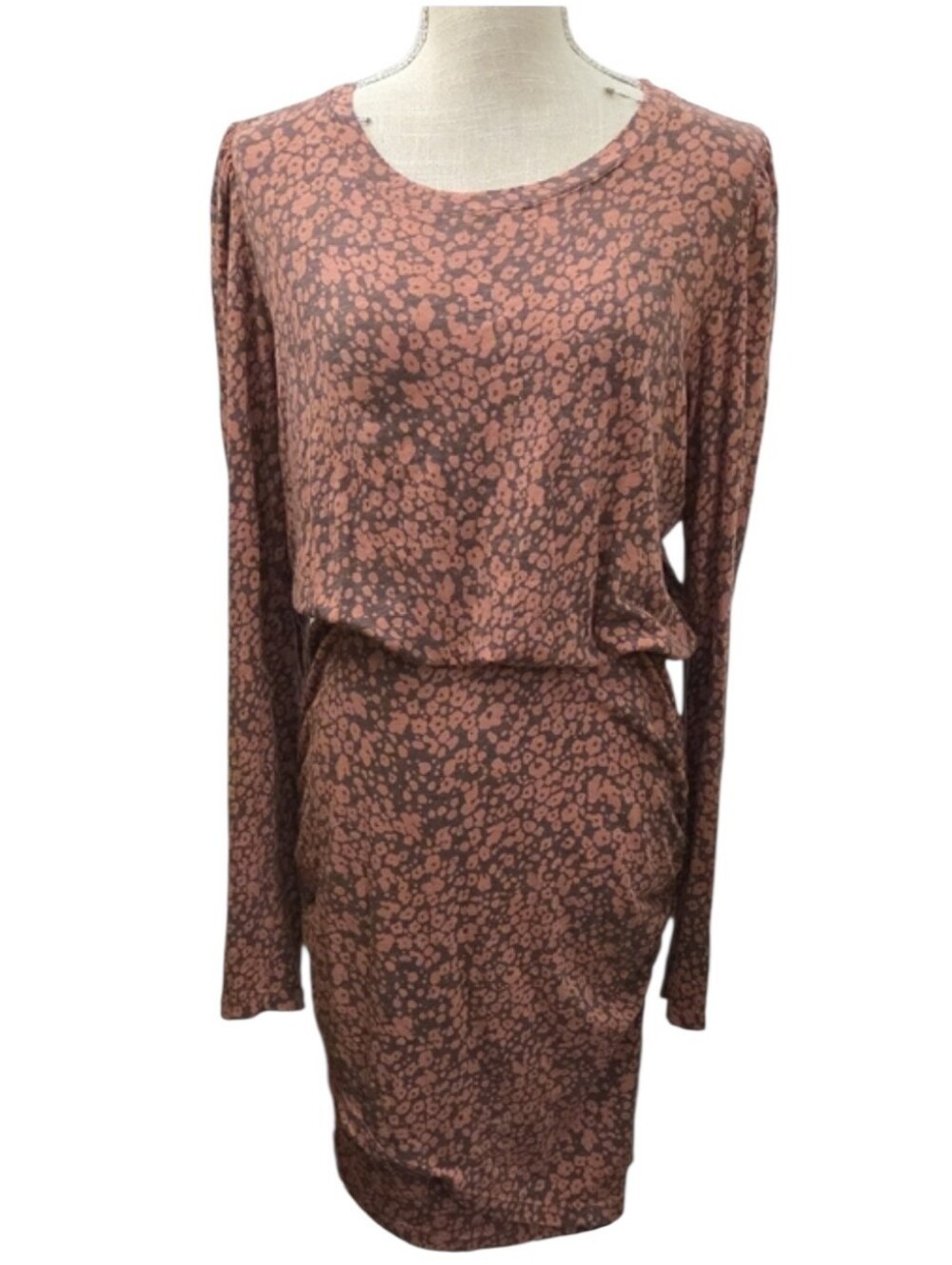 Sundry By Anthropologie Long-Sleeve Floral Blouson Dress in Rose Brown
